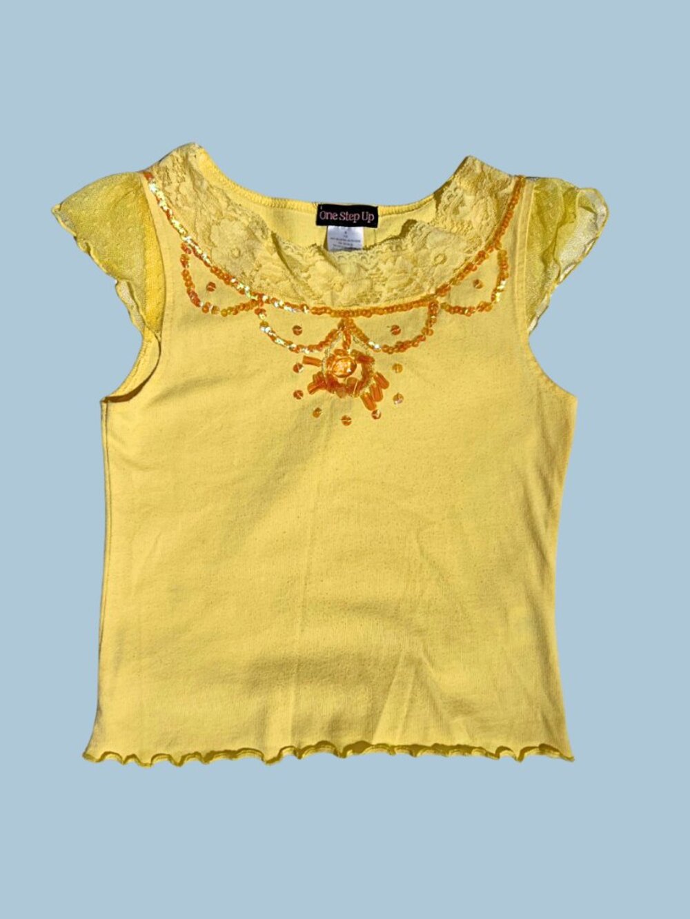 Y2K Yellow Lace Sequin Fairy Baby Tee